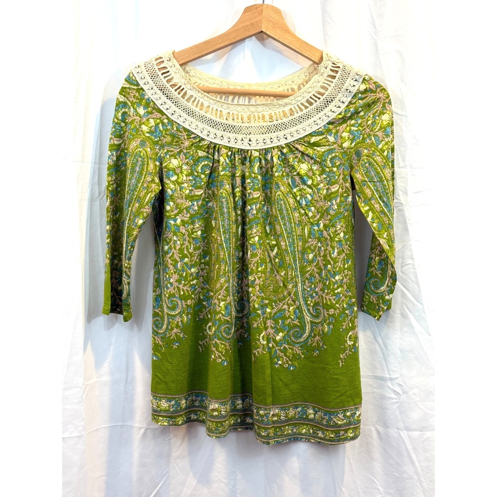 Anthropologie Meadow Rue Boho Blouse Green Floral Crochet Collar Size-Small